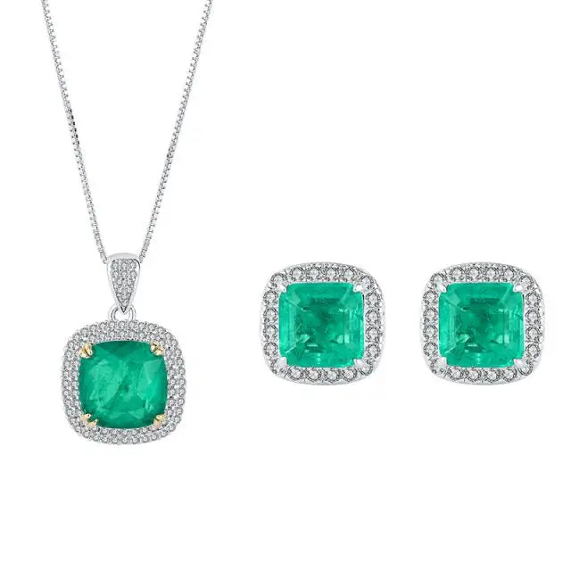 925 Silver Green Emerald Zircon Diamond Earrings Cushion Cut Green Emerald Jewelry Set