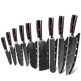 Xingye Popular Pakka Wood Handle Damascus Pattern Sharp 4CR13 Japanese Stainless Steel 9pcs Kitchen Knives Set