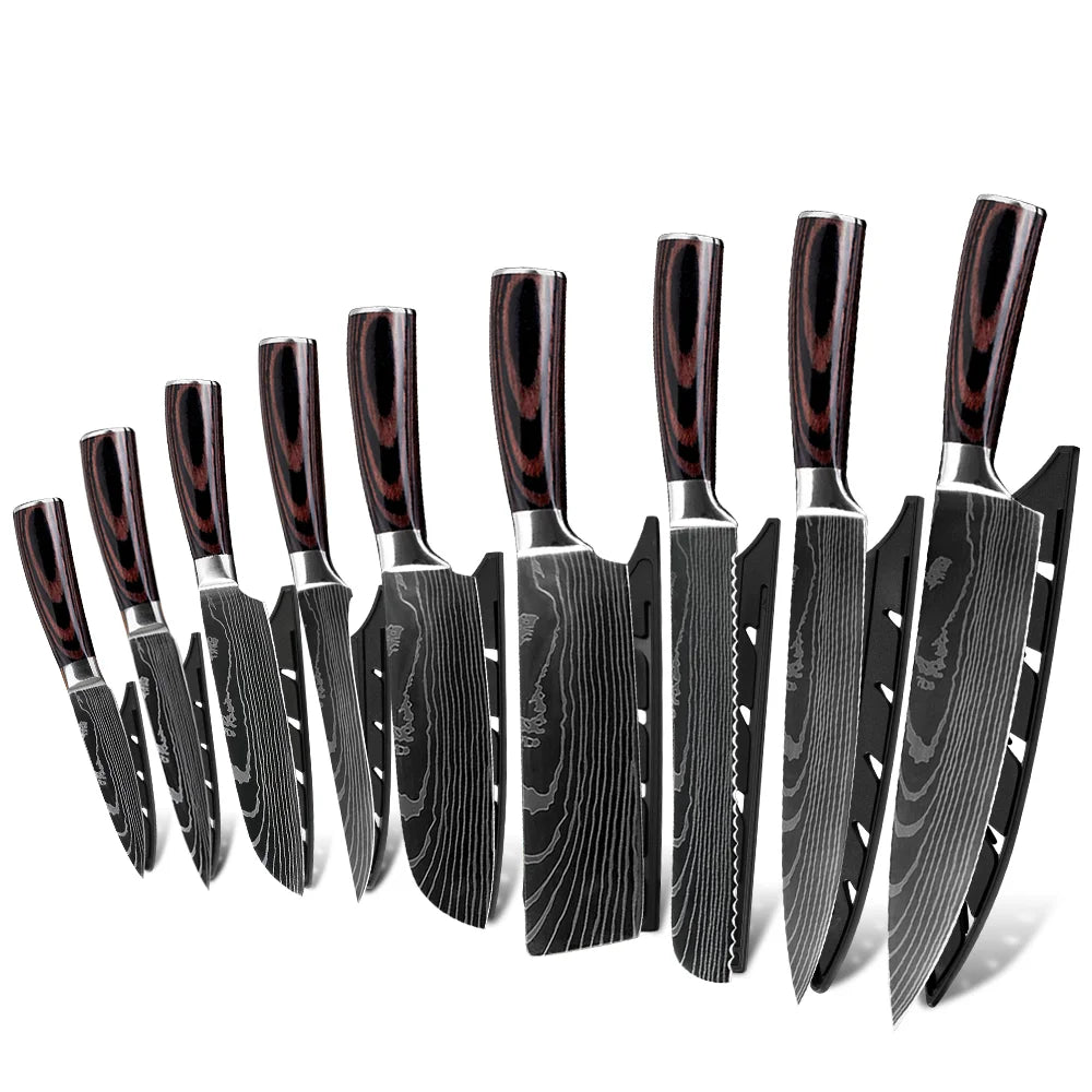 Xingye Popular Pakka Wood Handle Damascus Pattern Sharp 4CR13 Japanese Stainless Steel 9pcs Kitchen Knives Set