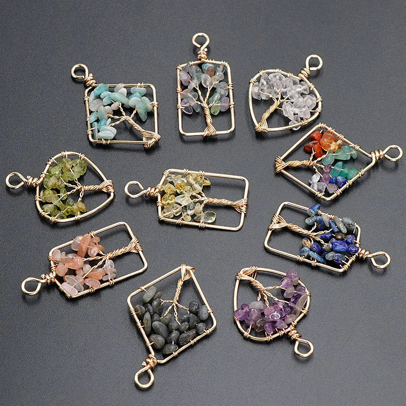 Tree of Life Gemstone Pendant Crystal Stone Copper Wire Wrap Chakra Gemstone Pendant Charm for DIY Necklace Jewelry Making Gifts