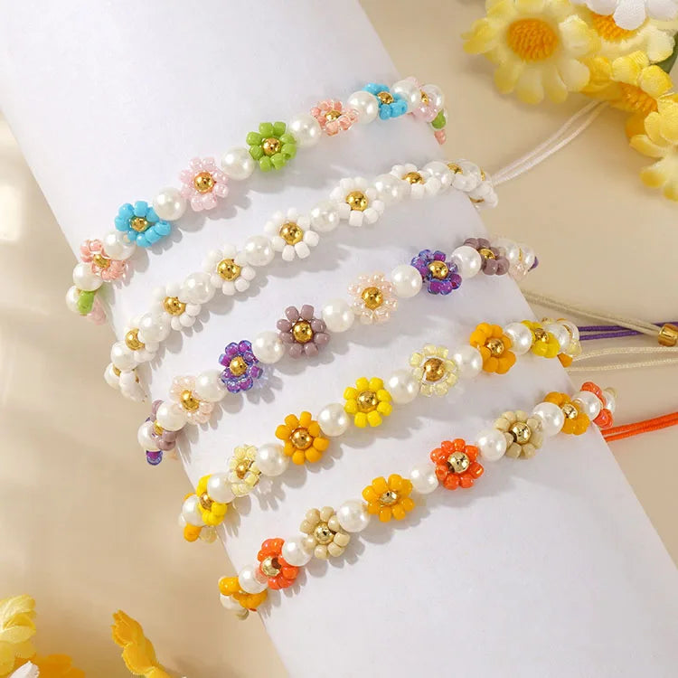 BG1110 Chic Dainty Mini Minimalist Tiny Rainbow Seed and Pearl Beaded Daisy Flower Women's Girl's Bracelets