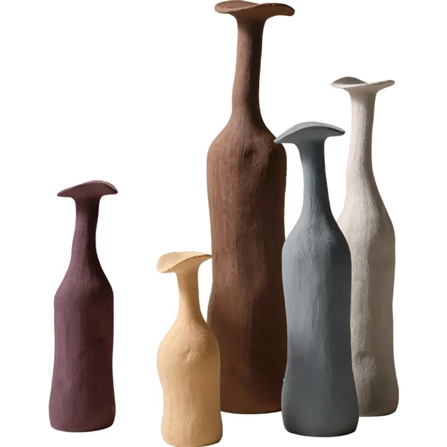 Retro Rustic Brown Blue Twisted Cylindrical Ceramic Vase Creative Styling Dead Wood High Neck Vase