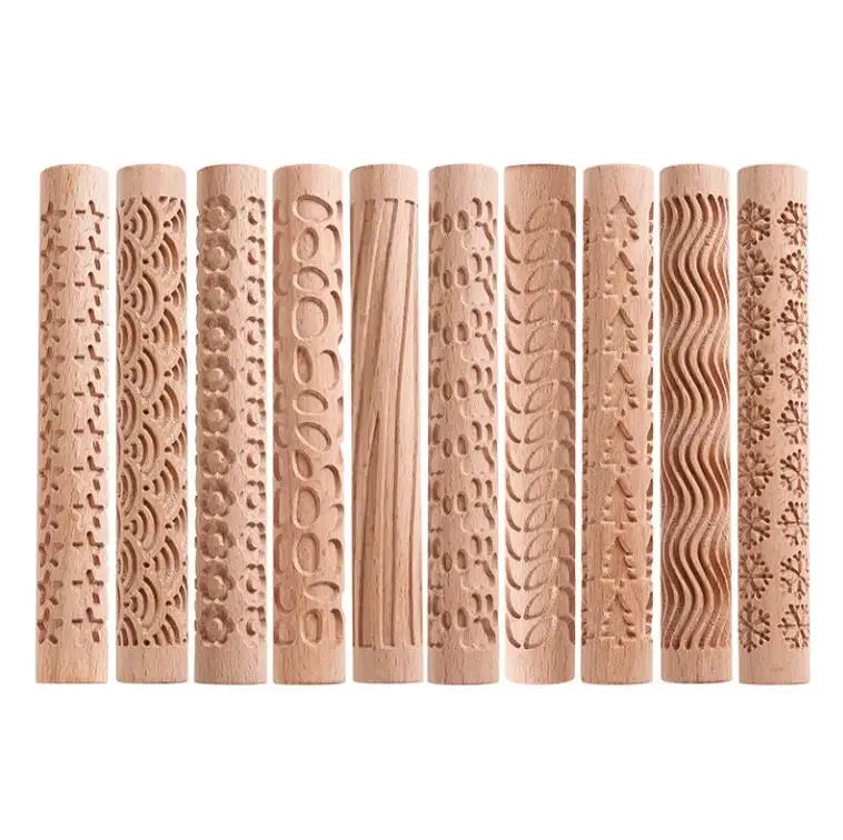 DIY Clay Pottery Modeling Pattern Rollers Cookie Pattern Printing Baking Tools Beech Wood Embossing Wooden Rolling Pin