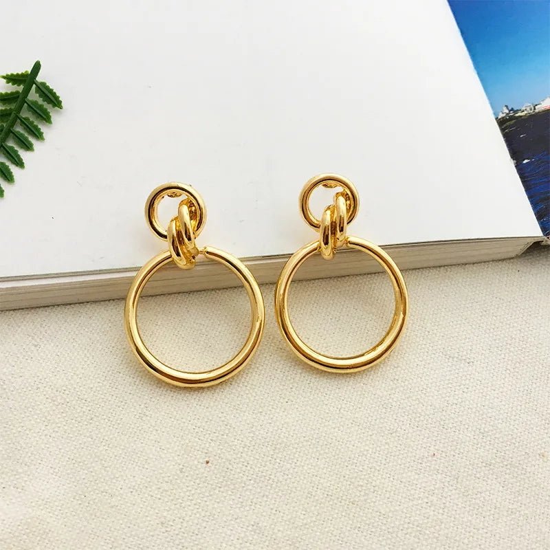 HOVANCI Fashion Geometric Hollow Out Circle Round Hoop Earrings Vintage Gold Plated Double Circle Huggie Earrings
