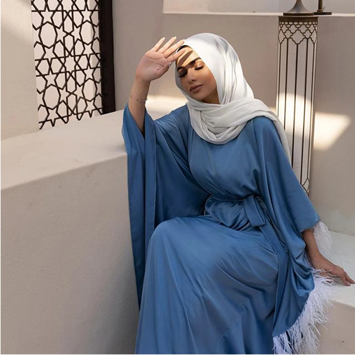 Fashion Feathers Muslim Abaya Batwing Sleeve Maxi Dress Oversized Cardigan Kimono Long Robe Gowns Jubah Islamic