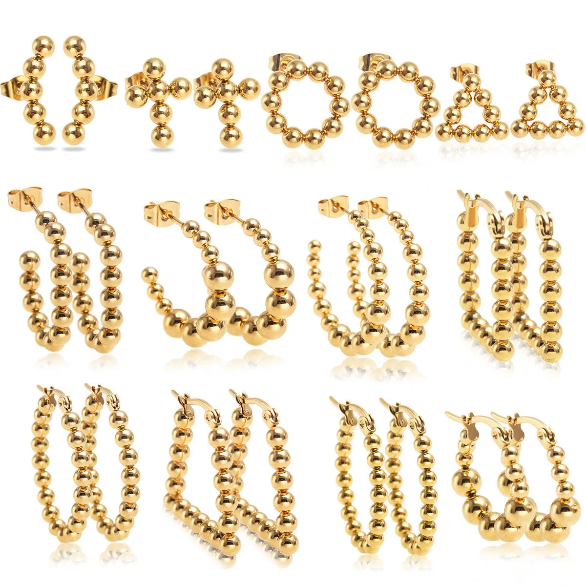 New Hip-hop U-Shaped 18k Gold Round Beaded Hoop Earrings Stainless Steel Balls Earrings for Women Bijoux En Acier Inoxydable