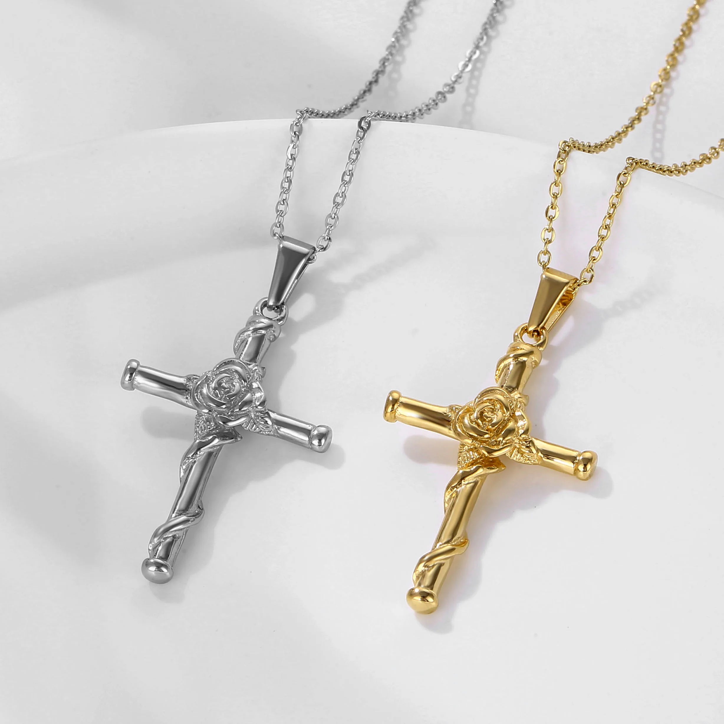 Fashion Rose Cross Pendant Stainless Steel Christian Jewelry 18k Gold Flower Crucifix Necklace for Women Gift