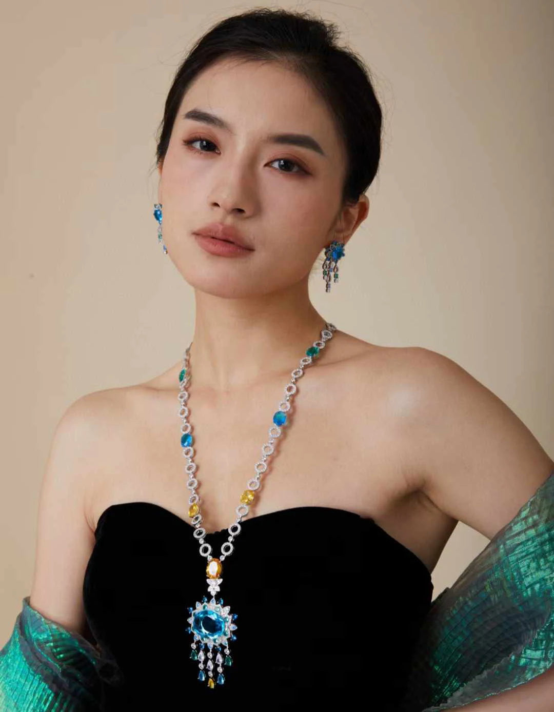 Luxury Long Chain Middle Eastern Designs Dubai Multi Colors Zirconia Aquamarine Blue Emerald Pendant Wedding Bridal Jewelry Set