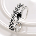 Huitan S925 Customable Vintage Leaf Design Black Crystal 925 Sterling Silver Ring for Trend Party Adjustable Rings for Women/Men