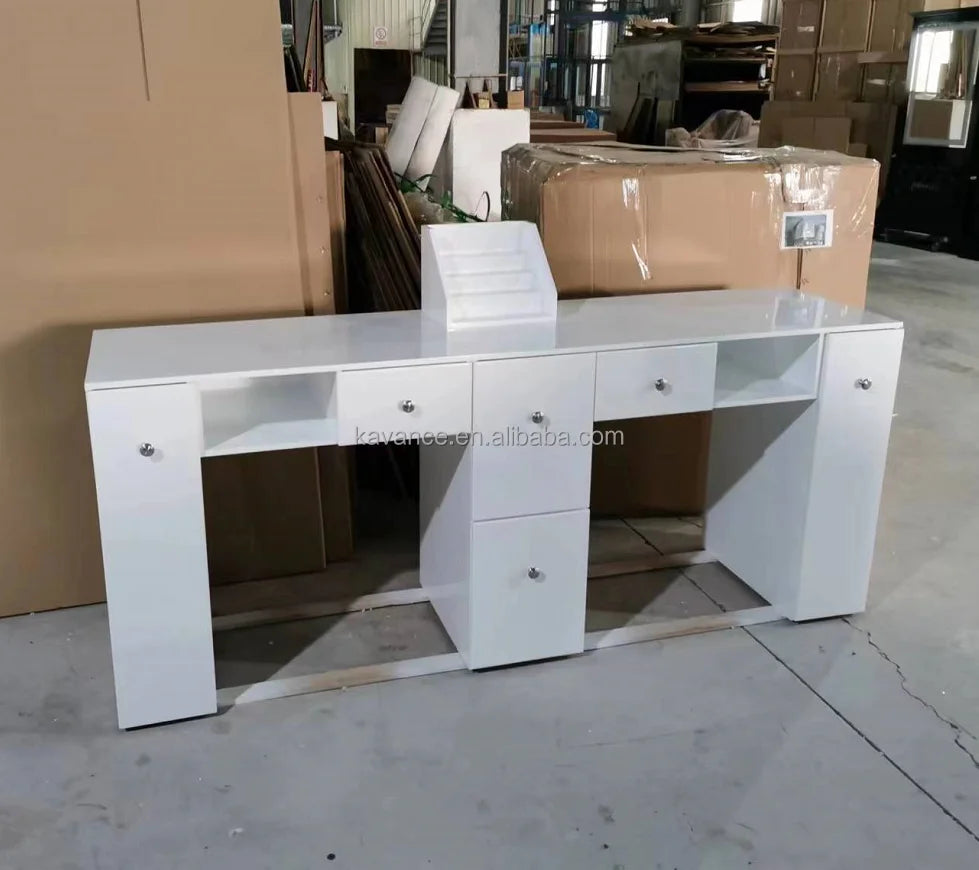 Salon Furniture Wholesale Modern Style Wooden Nail Salon Multiple Drawers White Glossy 2 Seats Eco-Friendly Nail Table for Nail