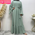 6530# Summer Premium Quality Crew Neck Wrinkle Crepe Sage Long Sleeve Islamic Women Maxi Dresses Include Belt 5 Colors