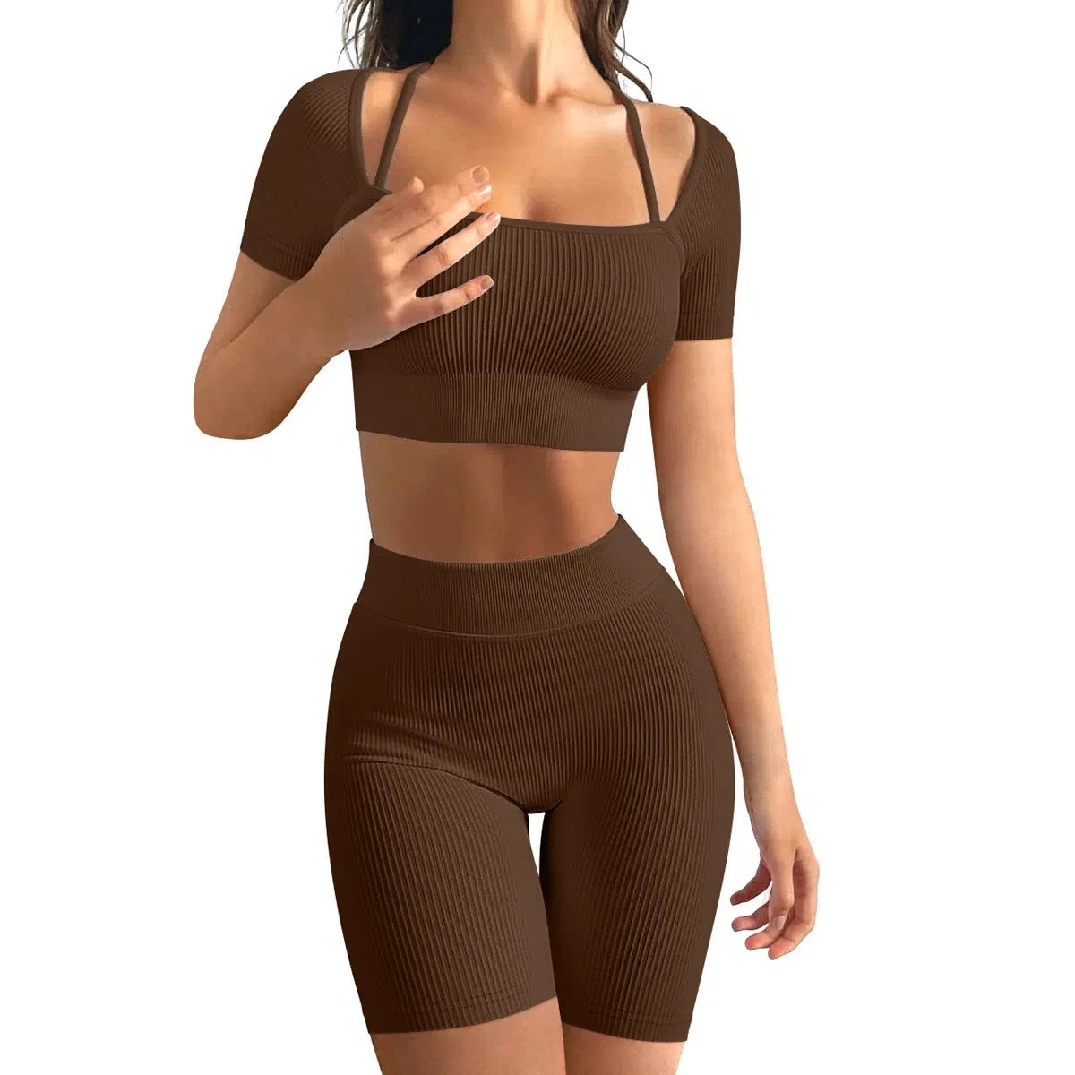 Free Sample Woman Seamless Gym Top Fitness Shorts Wear 2 Piece Yoga Set Legging Sets