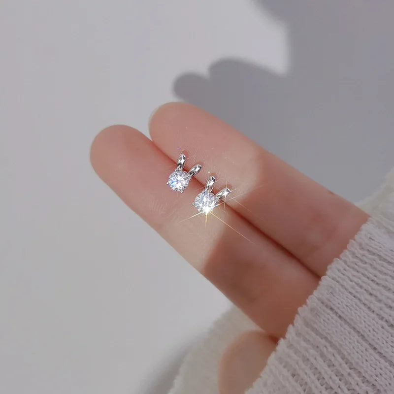 Rinhoo Cute Silver Plate Earrings Rabbit Lovely Zircon CZ Rhinestones Stud Earrings for Girls Birthday Gift Fashion Jewelry