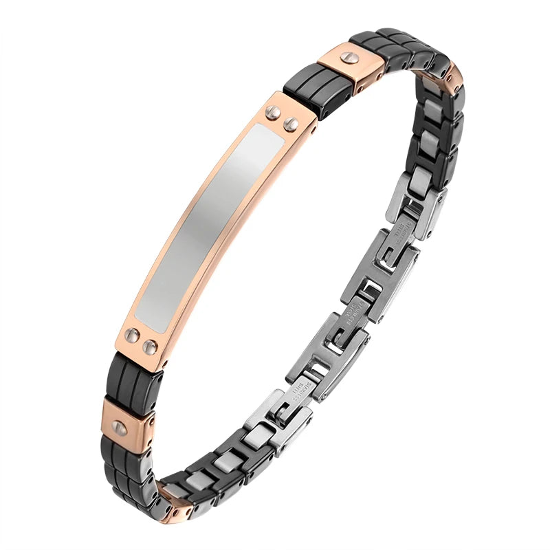 Engraved Custom Logo Metal Bracelet Men 316 Stainless Steel Ceramic Bracelet Men Rose Gold Plated Bangle Italy Polished Shiny