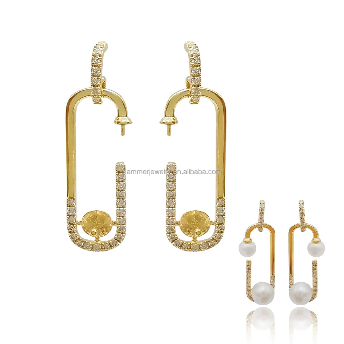 Wholesale 14k Real Gold Diamond Pearl Mounting Chain Earrings for Pearls and Beads Jewelry Findings