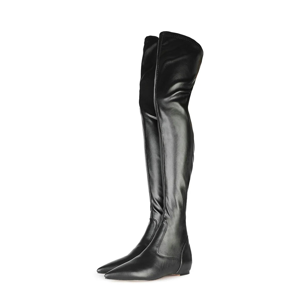 Winter Western Pointed Toe 1CM Height Increasing Comfortable Women Black Soft PU Elastic Fashion Over the Knee Thigh High Boots