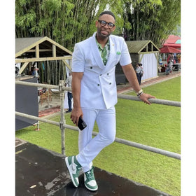 Summer Suit for Men 2 Piece White Short Sleeve Blazer With Pants Jacket With Green Buttons Casual Daily Wear Sets for Male
