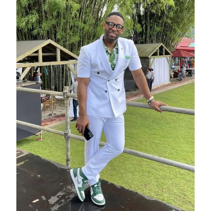 Summer Suit for Men 2 Piece White Short Sleeve Blazer With Pants Jacket With Green Buttons Casual Daily Wear Sets for Male