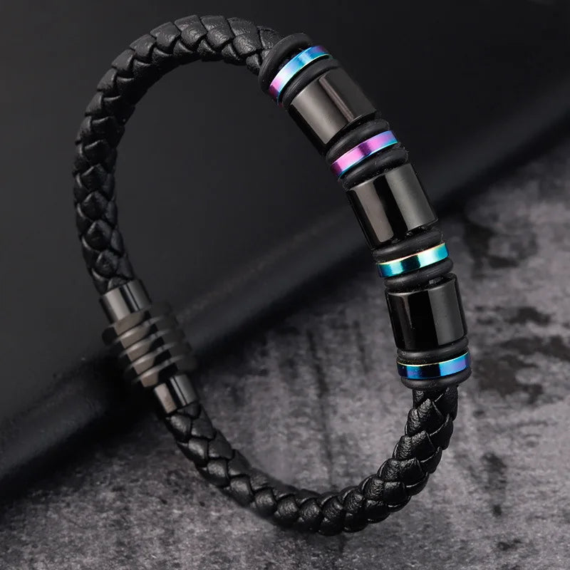 New Fashion Men Jewelry Bracelet Handmade Stainless Steel Magnet Clasp Genuine Leather Bracelet Men
