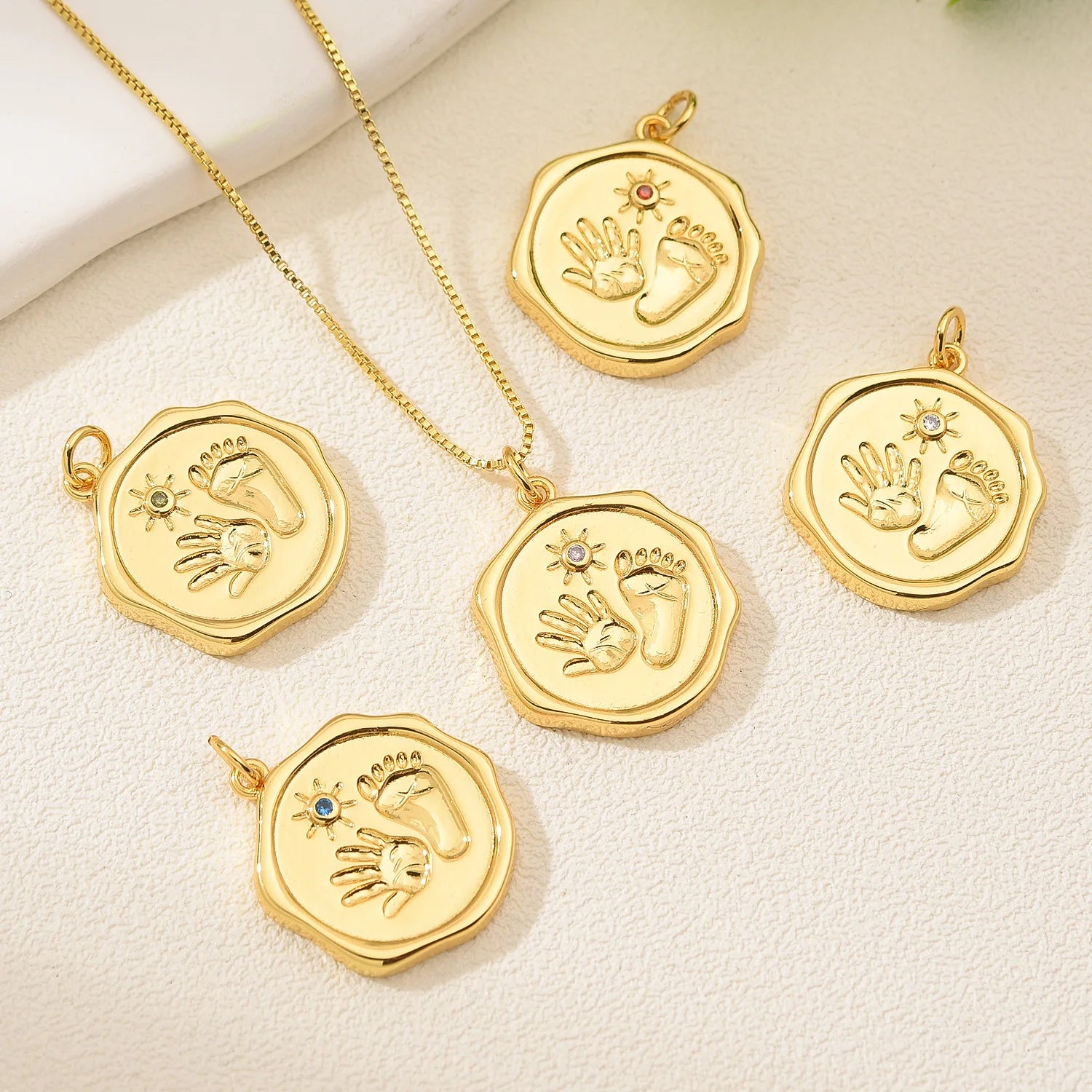 Titanium DIY Children's Jewelry Featuring Footprint Handprint Design Gold Color Stainless Steel Round Sun Medal Charm Pendant