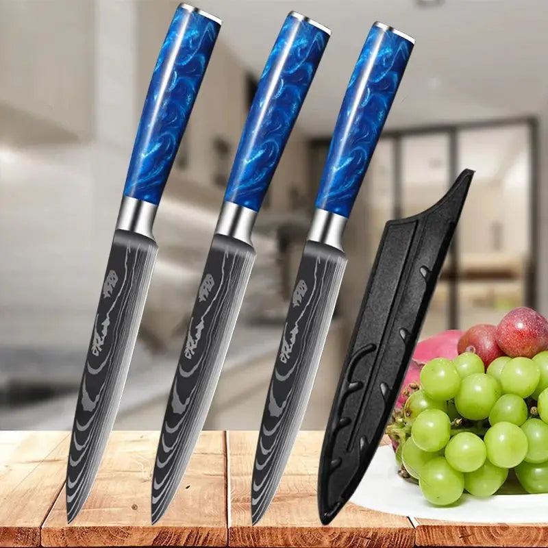 5 Inch Damascus Laser Pattern Stainless Steel Chef Knife With Resin Handle Carbon Kitchen Knife Factory Wholesale