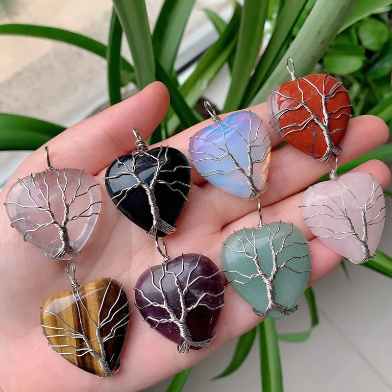 Silver Wire Wrap Tree of Life Natural Gemstone Crystal Heart Pendant for Necklace Making