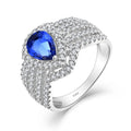 Double Halo Pear-Shaped Gold Plated Statement 925 Sterling Silver Ring Royal Blue Sapphire and Diamonds for Weddings & Parties