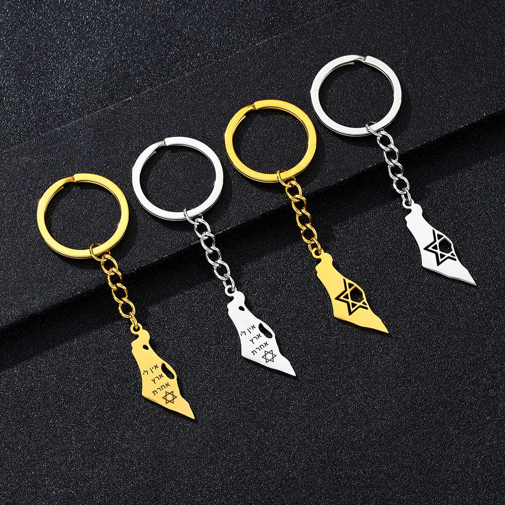 Manufacturer Stainless Steel Shield of David Flag Charm Keychain 18K Gold Plated Israel Map Star of David Pendant Key Chain