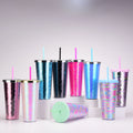 Double Layer Plastic Straw Tumbler Custom Logo Glitter Straw Cup Straight Cup for Students Wholesale Summer Cold Drink Water Cup