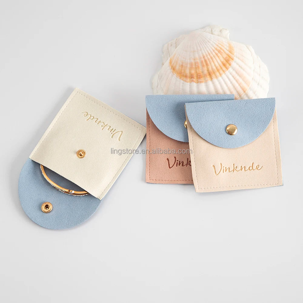 8x8cm Luxury Microfiber Jewelry Pouch Unique Colored Envelope Packaging with Snap Button Pocket for Bracelet