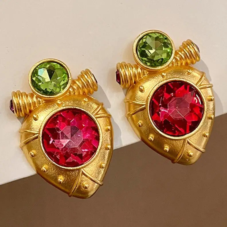 Wholesale Fashion Jewelry Red Retro Crystal Glass Gold Plated Women Earrings Palace Classic Rhinestone Ruby Stone Drop Earrings