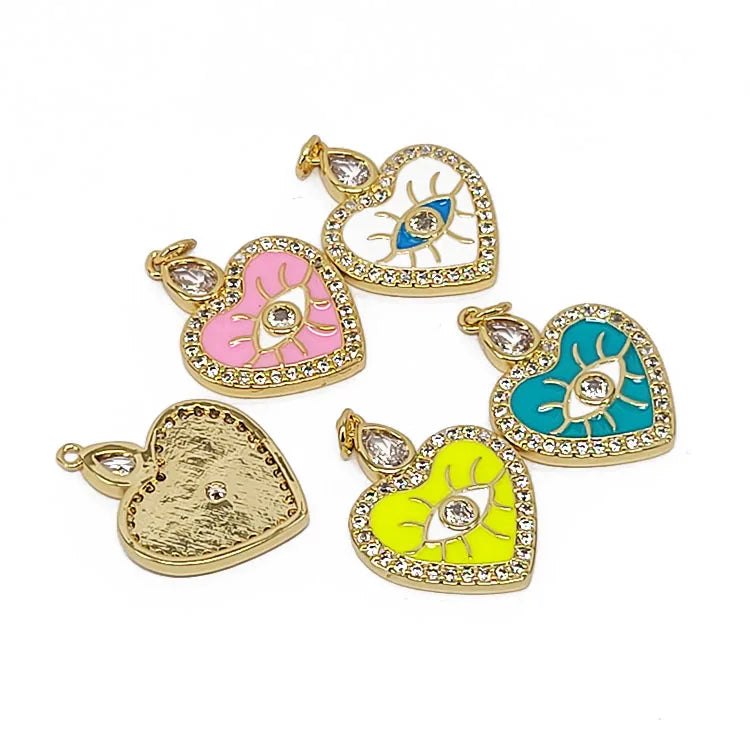 CZ8395 18k Gold Plated CZ Diamond Pave Enamel Evil Eyes Heart Charms Pendants