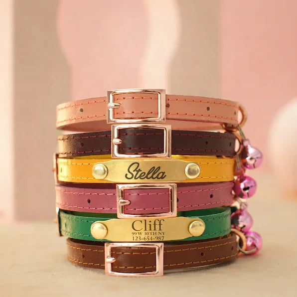 2023 Leather Cat Collar Rose Gold Metal Buckle Personalized Cat Collar Bell Custom Color Wholesale Leather Cat Collar