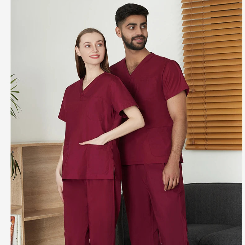 Factory Direct Maroon Purplish Red Scrubs Uniforms Sets Trendy for Men Scrubs Uniforms Male Scrubs Uniforms for Men