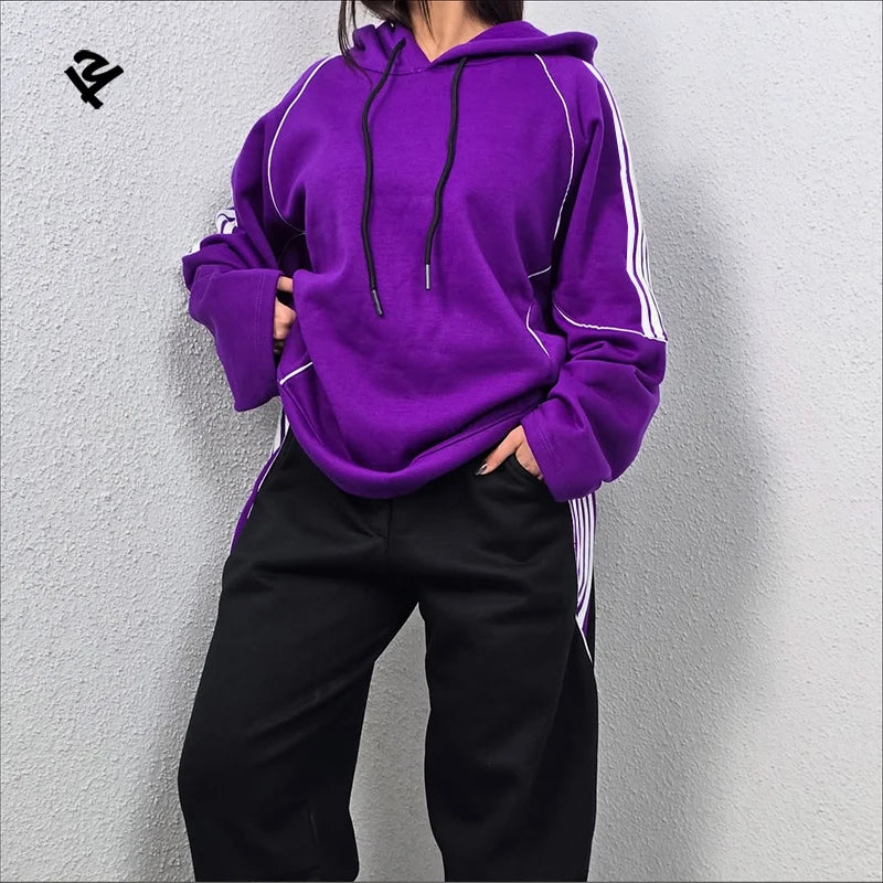 Custom Sweatsuits Women Side Stripe Tracksuits Ladies 2 Piece Outfits Fall Winter Striped Hoodie and Wide Leg Sweatpants Set