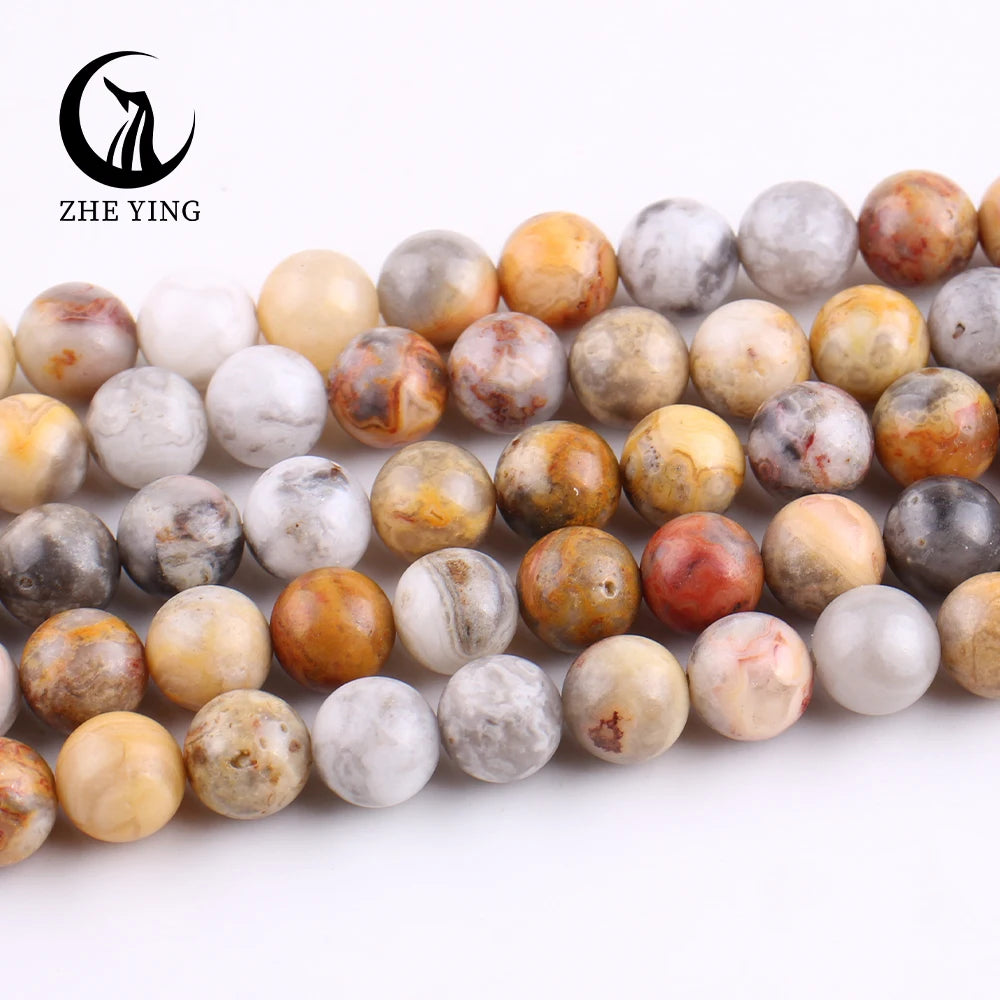 Zhe Ying 6/8/10mm Yellow Crazy Lace Agate Beads Natural Heailing Crystal Beads Bracelet Gemstone Yellow Crazy Agate Beads