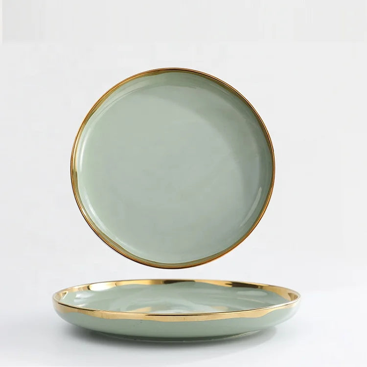 10 Inch European Modern Retro Plates Ceramic Plates with Gold Rim for Restaurant Ceramic Dinner