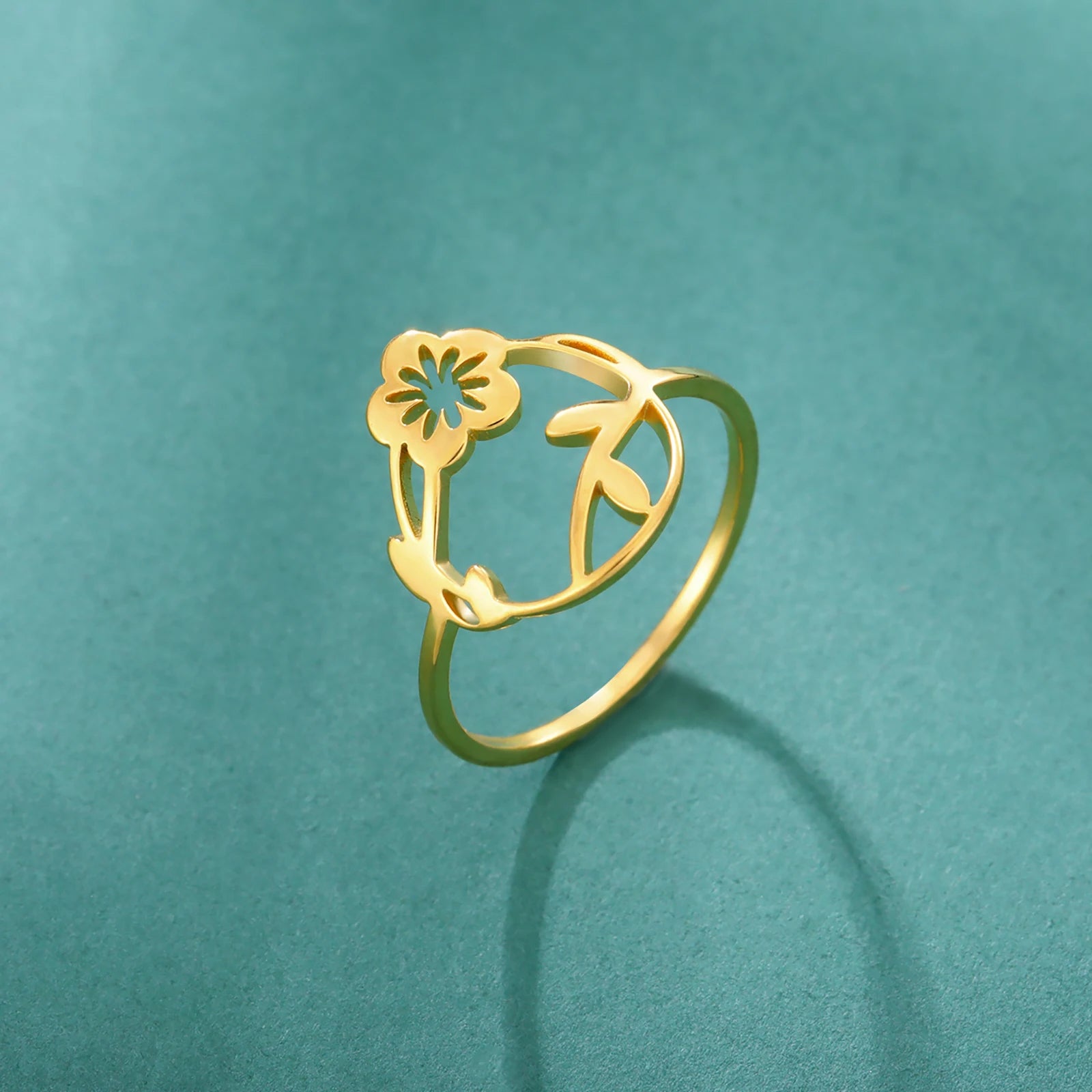 Myshape Leaves Flower Women's Ring Stainless Steel Gold Color Aesthetic Plant Finger Rings Bohemian Jewelry Christmas Gift