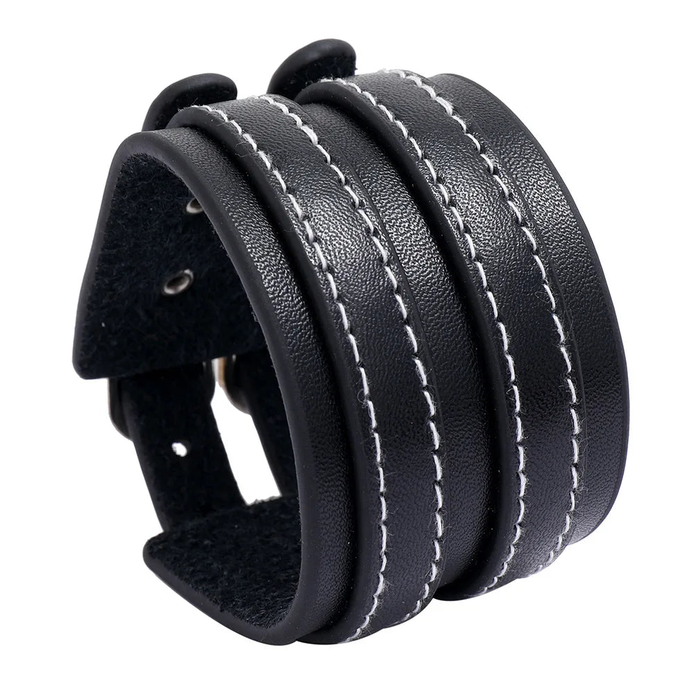 Men's Wholesale PU Leather Alloy Rhodium Plated Geometric Design Wide Cuff Bracelet Multi-layer Punk Jewelry Belt Buckle