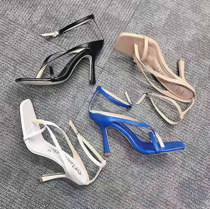 Large Size New Style square Toe Stiletto High Heel Flip Flops One Word Buckle Female Sandals 004