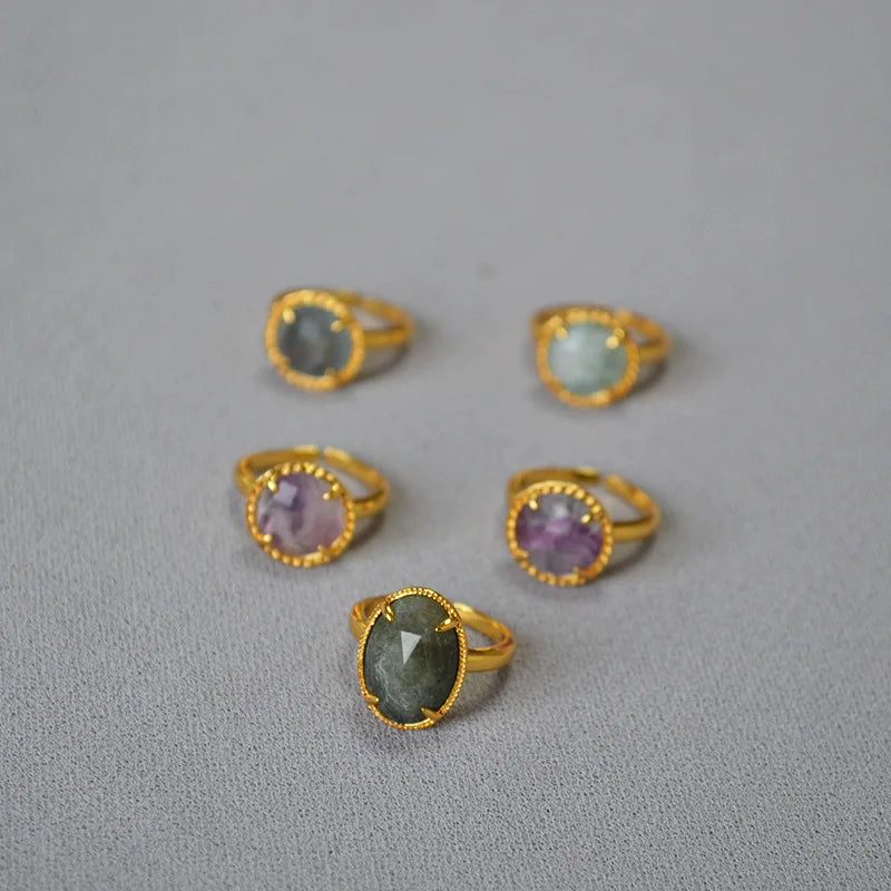 Vintage Gold Fill Brass Purple Fluorite Amazonite Labradorite Gemstone Adjustable Ring for Women