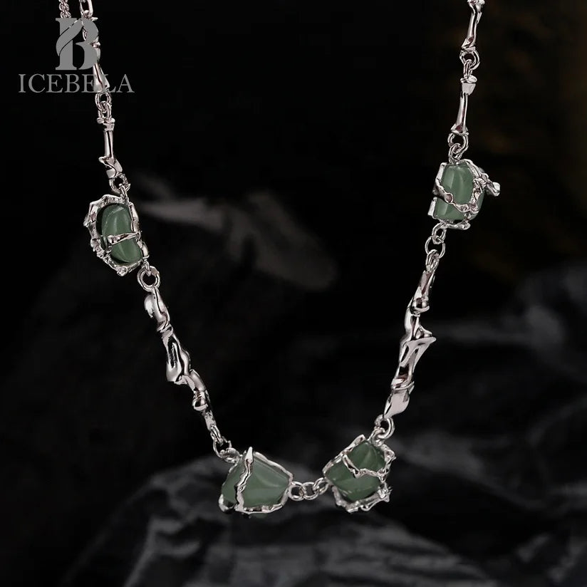 ICEBELA Jewelry New Chinese Bamboo Necklace Female S925 Sterling Silver National Temperament Bamboo Green Jade Necklace