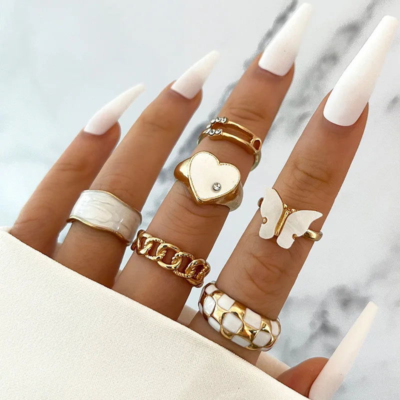 RisingMoon Fashion 6pcs/set Fashion Women Jewelry European and American Creative Ins White Heart Butterfly Rings Set