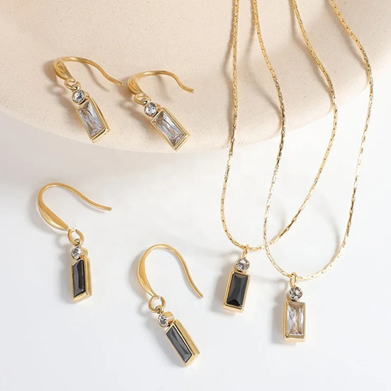 Ladies Necklace Earring Set 18k Gold Plated Stainless Steel Geometric Square Black White Zircon Zirconia Charm Earrings Necklace