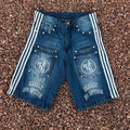 US Free Tax Custom Street Denim Shorts Vintage Zipper Cotton Light Blue Denim Raw Edge Hem Crystal-embellished Denim Shorts