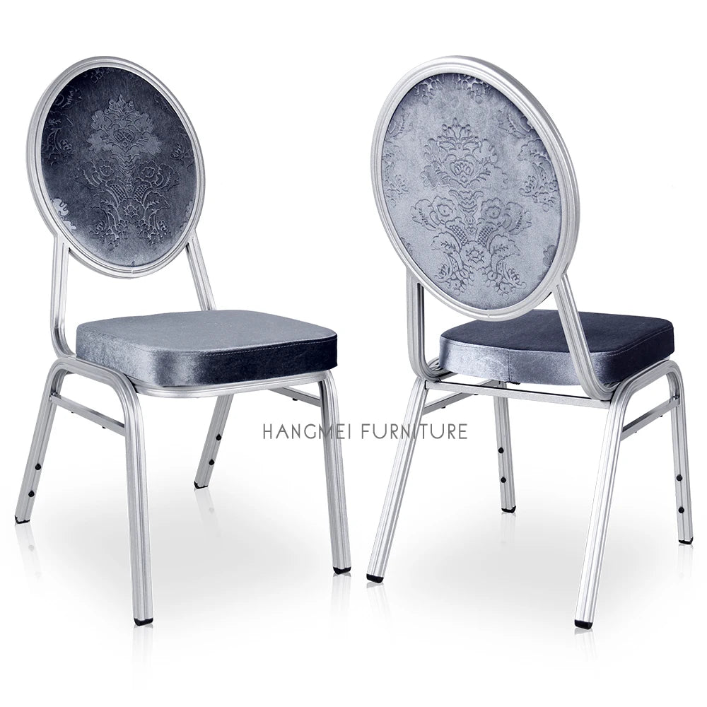 Wholesale Popular Moroccan Printed Velvet Banquet Dining Chair with Aluminum Stacking Back for Hotels Parties Available in Grey