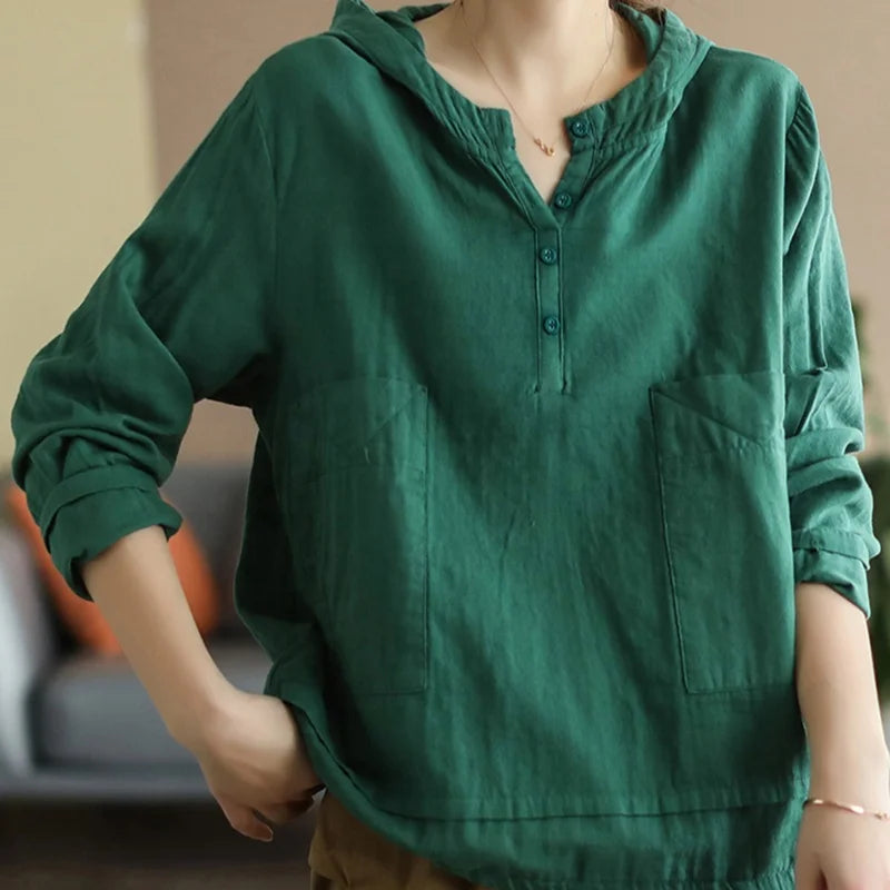 8961 Women's Hoodie T-shirts Spring Summer Fashion Solid Color Casual Pullover Tees Office Ladies Cotton Linen Long Sleeve Tops