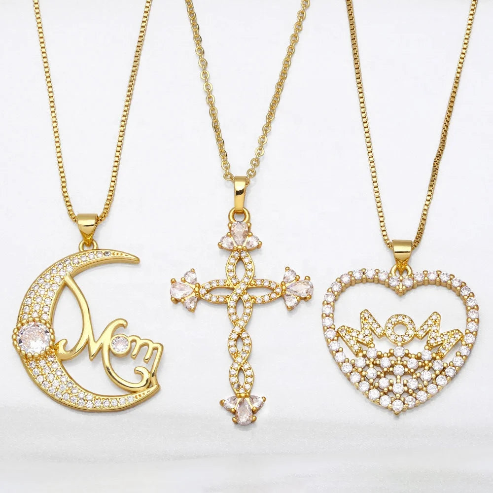 Trendy Gold Plated Brass Zircon MOM Pendant Necklace Moon Heart Cross Shape with Link Chain for Mother's Day