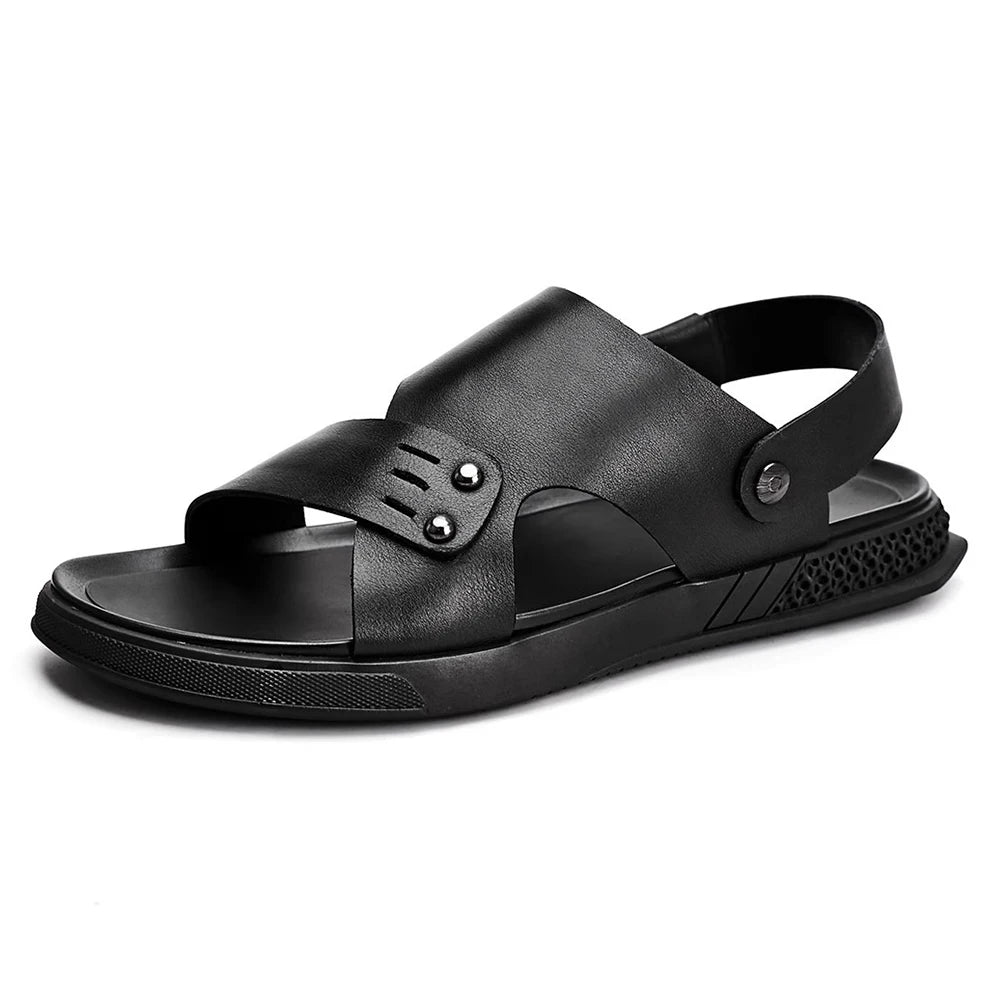 Men's Summer Cowhide Genuine Leather Outdoor Waterproof Breathable Two-Way Slide Soft Sole Lightweight Flat Beach Slippers