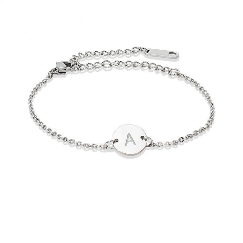 New Arrival Gold Color Stainless Steel Charm Round Id Tags Charm Cursive Letters Bracelet for Women